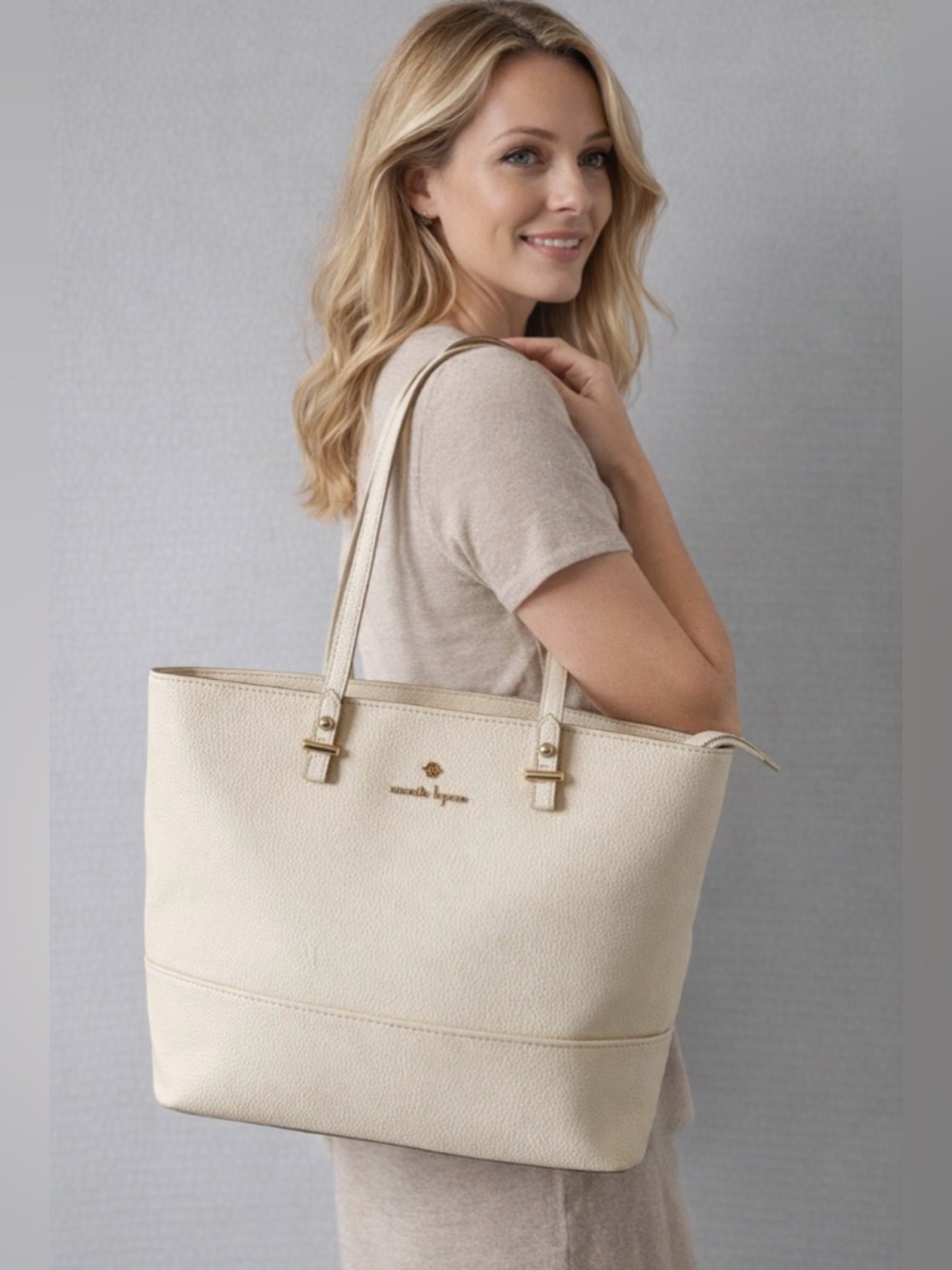 Nanette Lepore Brielle Solid Tote Cream Faux Pebbled Leather Gold Hardware Bag